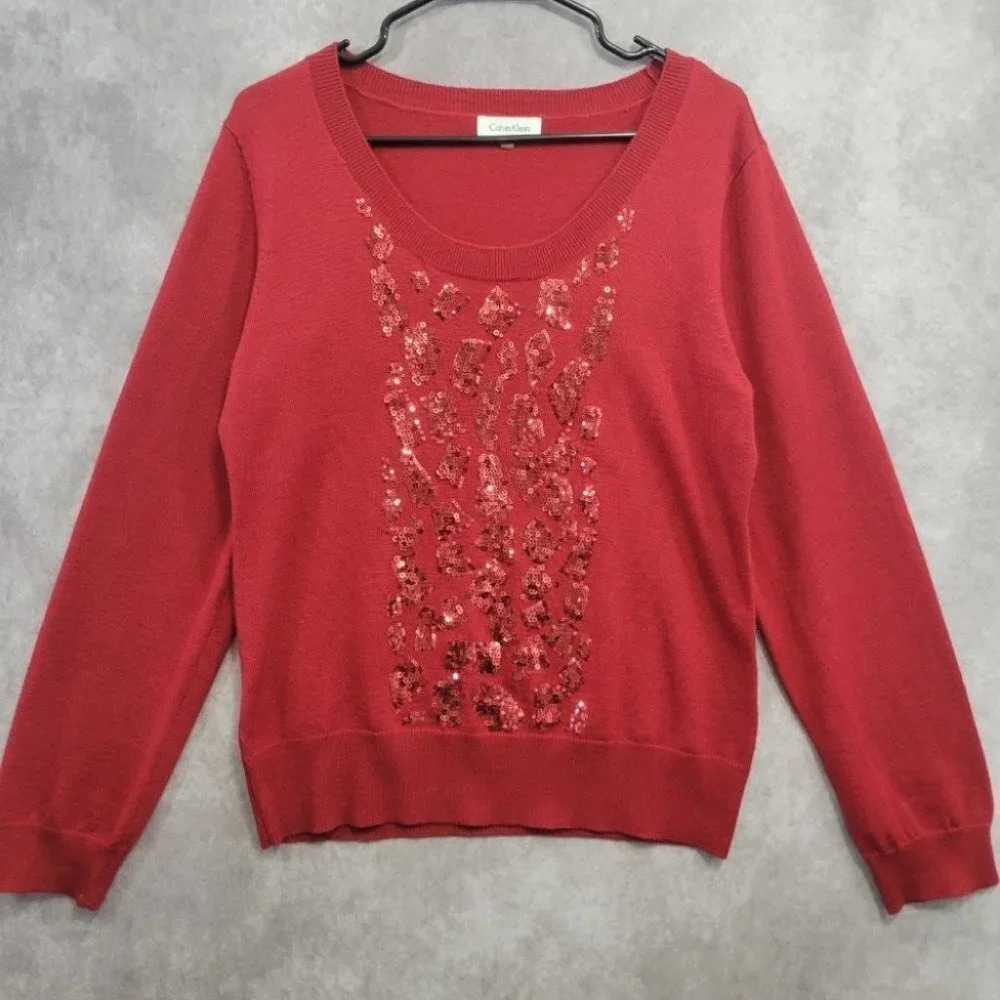 Calvin Klein Red Wool Blend Sequin Sweater size Large